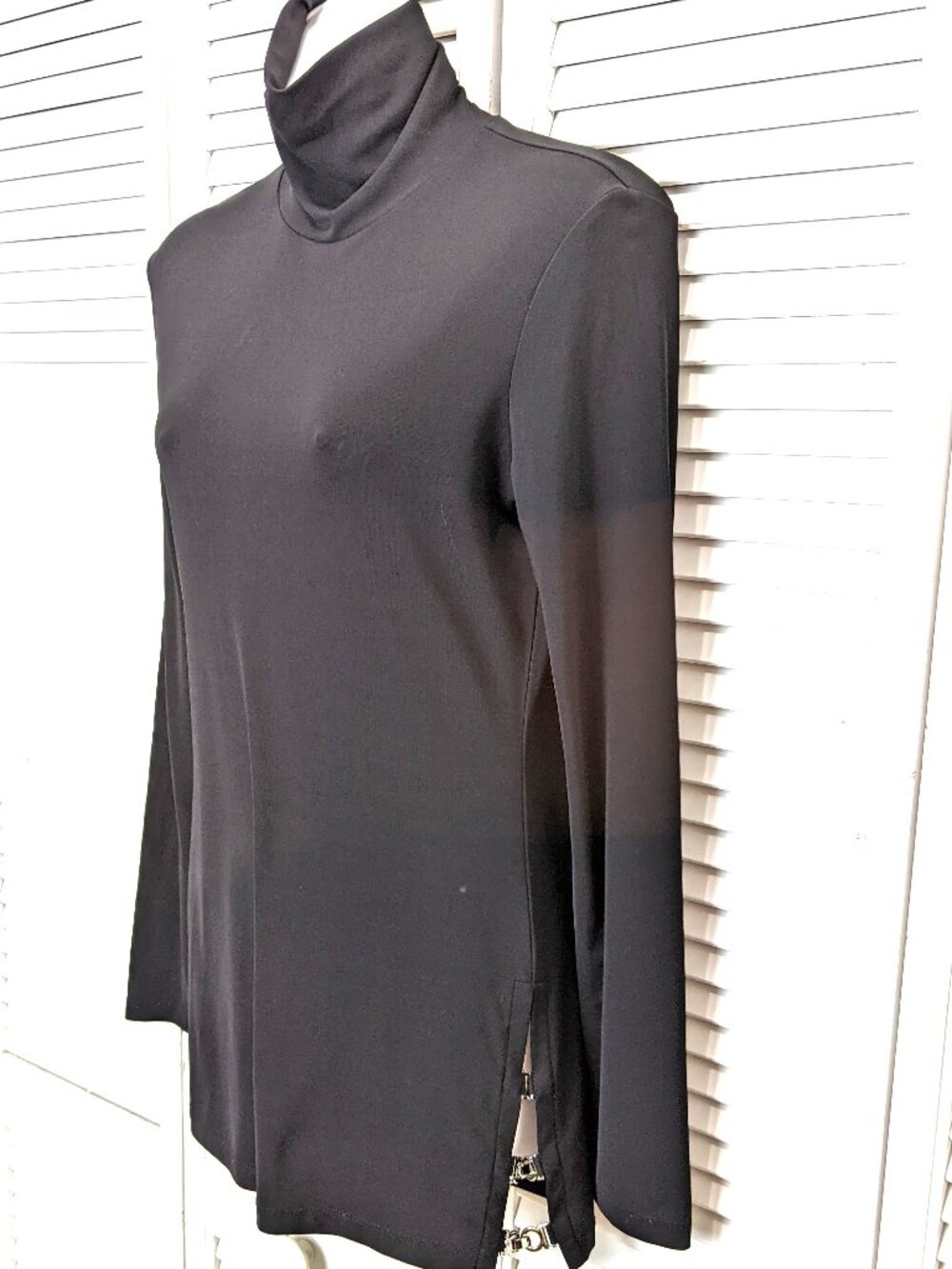 VTG Victorias Secret Catalogue Slinky Black Turtleneck Tunic Medium buckles MODA